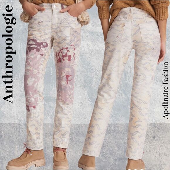 ANTHROPOLOGIE BY PILCRO THE BOYFRIEND SLIM JEANS IN CREAM MOTIF SIZE 30 NWT - Picture 1 of 9